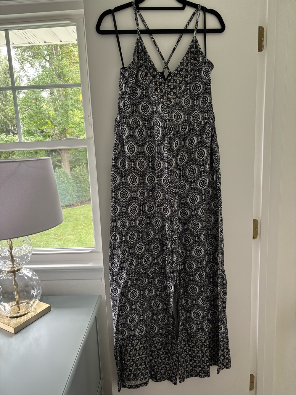 LOFT Black and White Printed Spaghetti-Strap Jumpsuit